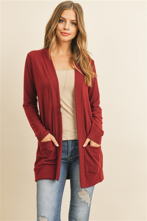 S16-11-2-RFC3030-HCB-WN - HACCI BRUSHED OPEN FRONT CARDIGAN- WINE 1-2-2-2