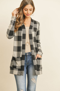 S10-2-4-RFC3030-RPL010-OTMBK OATMEAL BLACK PLAID LONG SLEEVED FRONT POCKET OPEN CARDIGAN 1-2-2-2