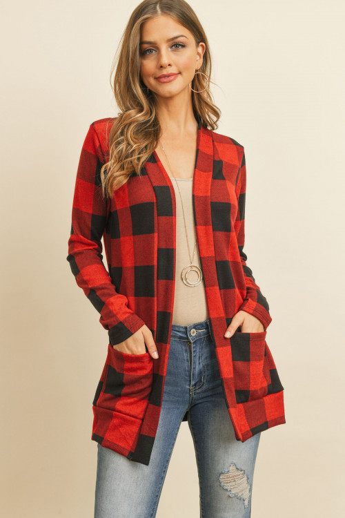 S13-11-3-RFC3030-RPL010-RDBK RED BLACK PLAID LONG SLEEVED FRONT POCKET OPEN CARDIGAN 1-2-2-2