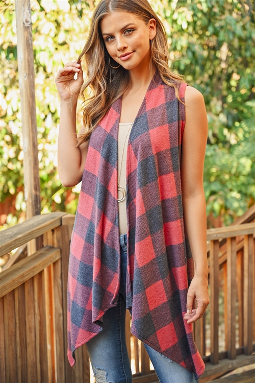 S10-19-1-RFC3032-RPL015-BKRD-1 - SHORT SLEEVED PLAID CARDIGAN- BLACK/RED 2-2-0-1