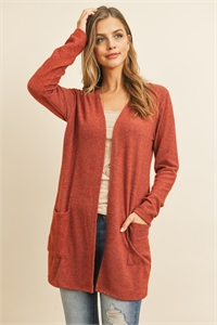 S4-3-3-RFC3037-RSW028-BRK - SOLID LONG SLEEVED OPEN FRONT POCKET CARDIGAN- BRICK 1-2-2-2