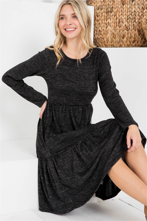 S14-8-3-RFD1004LS-2THC-CHL-1 - TWO TONE BRUSHED HACCI TIERED POCKET DRESS- CHARCOAL 0-3-0-1