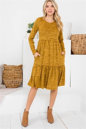 S7-1-2-RFD1004LS-2THC-MU-2 - TWO TONE BRUSHED HACCI TIERED POCKET DRESS- MUSTARD-4 PCS