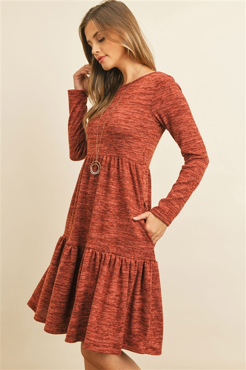 S10-15-1-RFD1004LS-2THC-RST-1 - TWO TONE BRUSHED HACCI TIERED POCKET DRESS- RUST 1-3-1