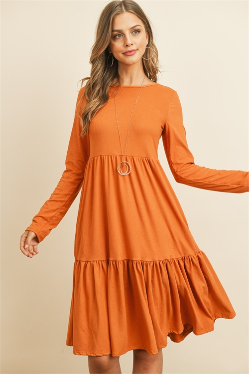 S9-10-3-RFD1004LS-DTYB-IOD - SOLID LONG SLEEVE DOUBLE LAYERED RUFFLE DRESS- IODINE 1-2-2-2