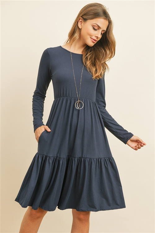 S10-9-1-RFD1004LS-DTYB-NVN - SOLID LONG SLEEVE DOUBLE LAYERED RUFFLE DRESS- NAVY NEW 1-2-2-2