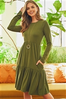 S4-9-3-RFD1004LS-DTYB-OV - SOLID LONG SLEEVE DOUBLE LAYERED RUFFLE DRESS- OLIVE 1-2-2-2