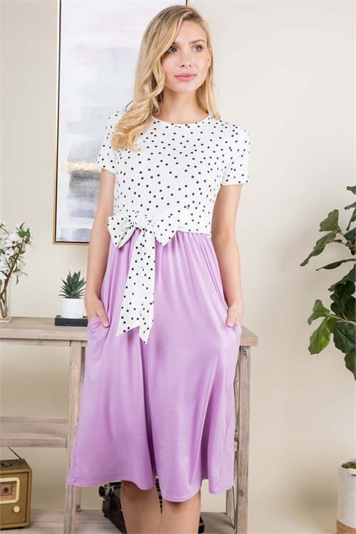 S14-9-4-RFD1015SS-RPD002C-LVD-1 - SHORT SLEEVE PRINT RIBBON TIE MIDI DRESSES- LAVENDER 2-0-1-2