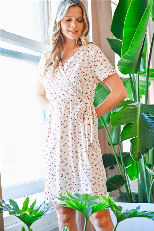 SA4-6-2-RFD1030SS-RFL091-IV - FLORAL TIE WRAP MIDI DRESS- IVORY 1-2-2-2  (NOW $3.00 ONLY!)