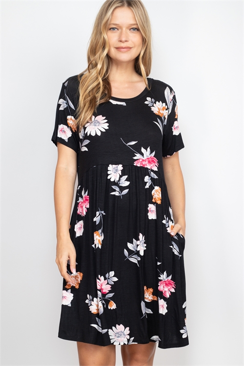 S11-12-1-RFD1031SS-RFL043-BK - FLORAL PRINT SMOCKED WAIST DRESS- BLACK 1-2-2-2