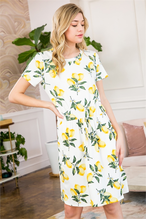 S10-15-2-RFD1035SS-RPR022-IV-2 - CINCH WAIST POCKET LEMON PRINT DRESS- IVORY 0-1-3-0