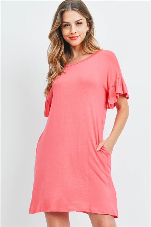 S16-12-3-RFD1038-RSJ-CRL-1 - FLUTTER SLEEVE POCKET DRESSES- CORAL 0-0-2-2