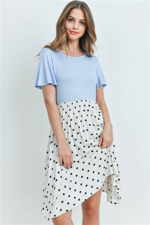 S10-3-2-RFD1041SS-RPD007C-ICBL - POLKA DOT CONTRAST DRESS- ICE BLUE/IVORY 1-2-2-2