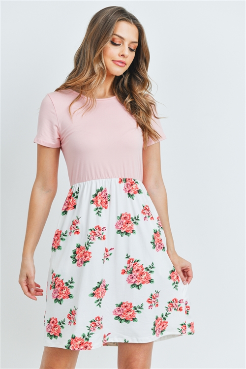 S9-19-2-RFD1043SS-RFL041C-BLS-1 - FLORAL PRINT CONTRAST EMPIRE WAIST DRESS- BLUSH 2-2-2