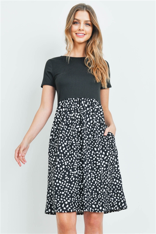 S16-4-4-RFD1043SS-RPR019C-BKBK - EMPIRE WAIST DALMATIAN CONTRAST DRESS- BLACK/BLACK 1-2-2-2