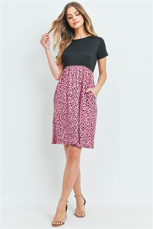 S15-8-4-RFD1043SS-RPR019C-BKMV-1 - EMPIRE WAIST DALMATIAN CONTRAST DRESS- BLACK/MAUVE 2-1-1