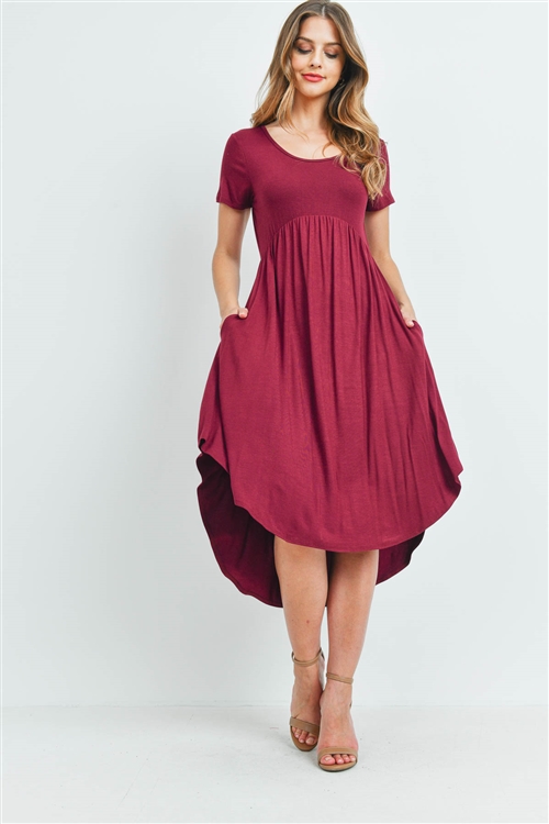 S11-9-1-RFD1052-RSJ-BU - HIGH-LOW EMPIRE POCKET DRESS- BURGUNDY 1-2-2-2