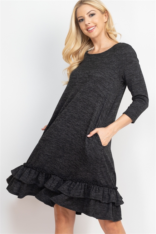 S16-6-3-RFD1058-RSW010-CHL-1 - 3/4 SLEEVED RUFFLED BOTTOM DRESS- CHARCOAL 4