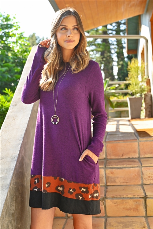 S10-12-1-RFD1077-RAP017C-EPRST-2 - LONG SLEEVE LEOPARD CONTRAST DRESS- EGGPLANT/RUST 3