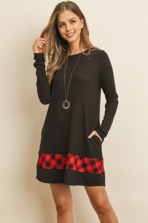 SA4-4-3-RFD1077-RPL009C-BKRD BLACK RED PLAID BOTTOM DETAIL LONG SLEEVE HACCI BRUSH DRESS 1-2-2-2