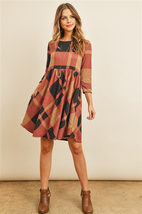 S9-18-3-RFD1078-RPL014-TPBK-1 - 3/4 SLEEVE PLAID DRESS- TAUPE/BLACK 2-3