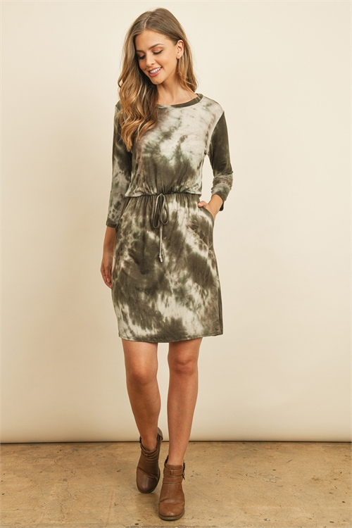 S4-1-5-RFD1082-RTD007-AMSTN-1 - LONG SLEEVE TIE DYE CINCH WAIST DRESS- ARMY/STONE 0-1-3-3