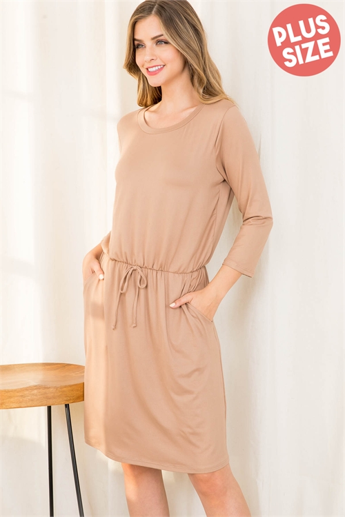 S13-12-4-RFD1082X-DTYB-LTMC-1 - PLUS SIZE CINCH WAIST 3/4 SLEEVE DRESS- LIGHT MOCHA 2-2-0