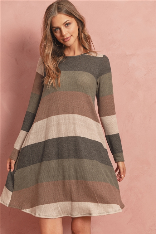 S14-1-3-RFD1106-RS024-CHLMC - LONG SLEEVED RIB STRIPE POCKET DRESS- CHARCOAL/MOCHA 1-2-2-2