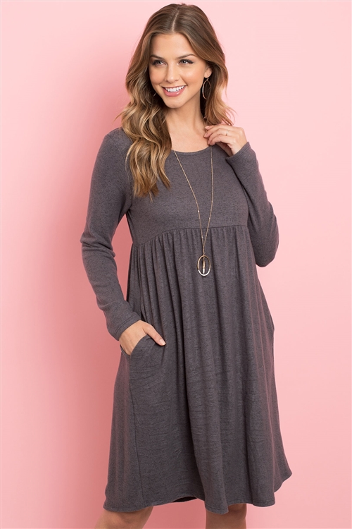 S11-18-3-RFD1114-RSW008-CHL - BOAT NECK BRUSHED HACCI ROUND HEM DRESS- CHARCOAL 1-2-2-2 (NOW $8.75 ONLY!)