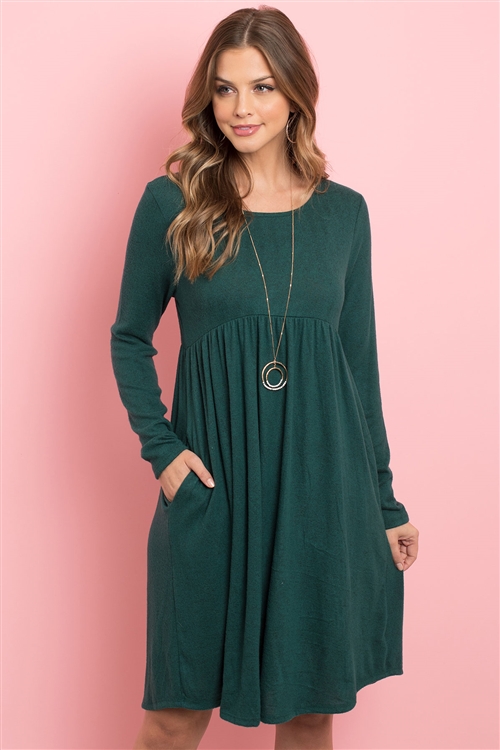 S11-18-3-RFD1114-RSW008-HTGN - BOAT NECK BRUSHED HACCI ROUND HEM DRESS- HUNTER GREEN 1-2-2-2 (NOW $8.75 ONLY!)