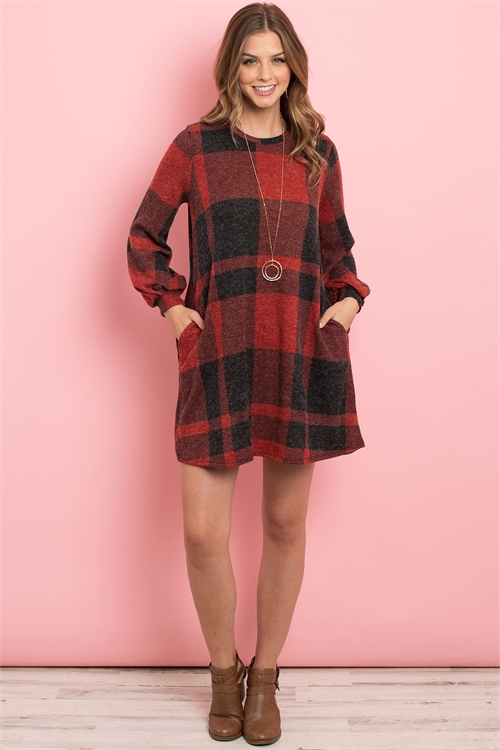 S9-12-4-RFD1127-RPL014-RDBK - ROUND NECK PUFF SLEEVED PLAID KNEE LENGTH DRESS- RED-BLACK 1-2-2-2