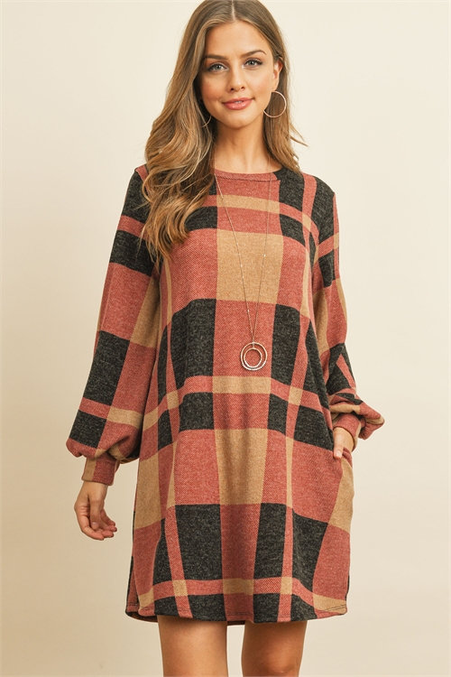 S10-13-3-RFD1127-RPL014-TPBK - ROUND NECK PUFF SLEEVED PLAID KNEE LENGTH DRESS- TAUPE-BLACK 1-2-2-2