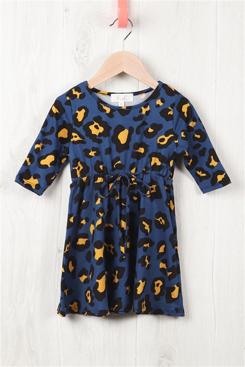 S10-4-4-RFKD1003QS-RAP081-INK - TODDLER GIRLS QUARTER SLEEVE ANIMAL PRINT DRESS- INK MUSTARD 2-2-2-2