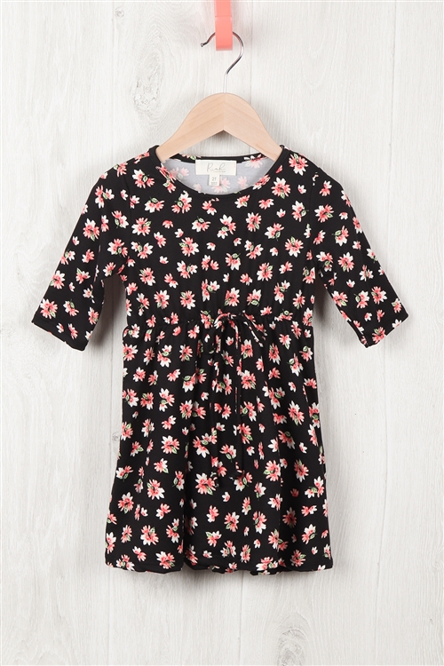 S10-14-4-RFKD1003QS-RFL051-BK - TODDLER GIRLS QUARTER SLEEVE FLORAL DRESS- BLACK 2-2-2-2