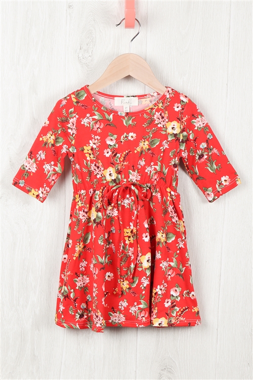 S10-5-2-RFKD1003QS-RFL074-TMT - TODDLER GIRLS PAINTED FLORAL DRESS- TOMATO COMBO 2-2-2-2