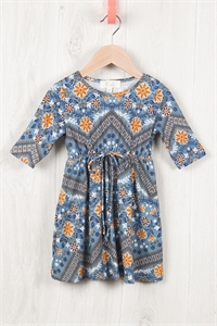 S12-1-4 - RFKD1003QS-RFL076-CHBGLD-KIDS QUARTER SLEEVE FLORAL CINCH WAIST RIBBON DETAIL DRESS - CHAMBRAY GOLD 2-2-2-2