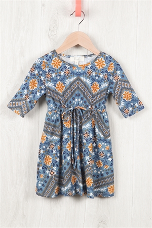 S11-10-3 - KIDS QUARTER SLEEVE FLORAL CINCH WAIST RIBBON DETAIL DRESS - CHAMBRAY GOLD 2-2-2-2