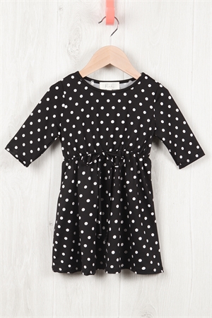 S12-1-4 - KIDS QUARTER SLEEVE POLKA DOTS CINCH WAIST RIBBON DETAIL DRESS - BLACK WHITE 2-2-2-2