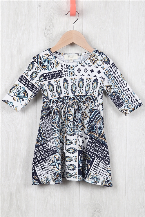 S10-4-3-RFKD1003QS-RPR036-BL - TODDLER GIRLS ABSTRACT PRINT RIBBON DETAIL DRESS- BLUE COMBO 2-2-2-2