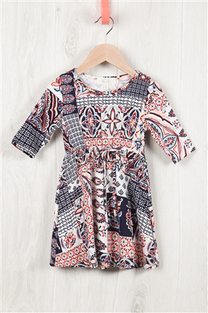 S10-4-3-RFKD1003QS-RPR036-IV - TODDLER GIRLS ABSTRACT PRINT RIBBON DETAIL DRESS- IVORY COMBO 2-2-2-2