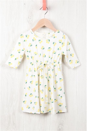 S12-1-4 - KIDS QUARTER SLEEVE BERRIES CINCH WAIST RIBBON DETAIL DRESS - IVORY YELLOW 2-2-2-2