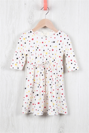 S11-10-3 - KIDS QUARTER SLEEVE STAR CINCH WAIST RIBBON DETAIL DRESS - IVORY RED YELLOW 2-2-2-2