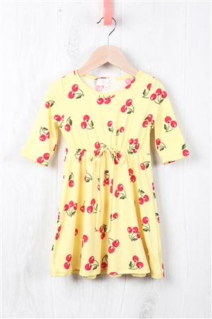 S11-10-3-RFKD1003QS-RPR051-YLW - TODDLER GIRLS QUARTER SLEEVED CHERRY CINCH WAIST RIBBON DETAIL DRESS- YELLOW 2-2-2-2