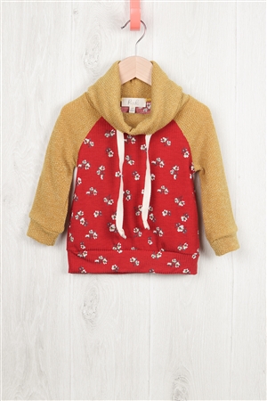 S11-11-5-RFKT2012-RFL078-SN - TODDLER GIRLS RIB FLORAL DRAKE SLEEEVE HOODIE- SIENNA/MELON/MUSTARD 2-2-2-2