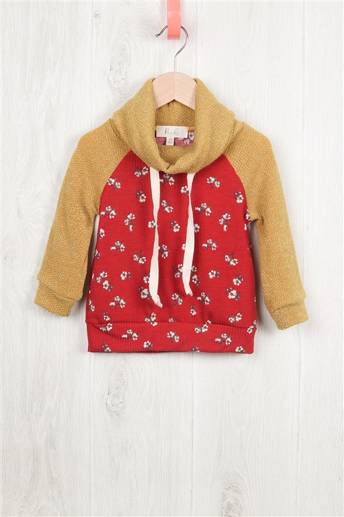 S11-11-4-RFKT2012-RFL078-SN - TODDLER GIRLS RIB FLORAL DRAKE SLEEEVE HOODIE- SIENNA/MELON/MUSTARD 2-2-2-2