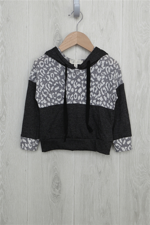 S15-12-4-RFKT2013-RAP099C-BK - TODDLER GIRLS ANIMAL PRINT CONTRAST HOODIE WITH SELF TIE- BLACK/HEATHER GREY-OFFWHITE 2-2-2-2