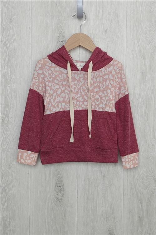 S15-12-4-RFKT2013-RAP099C-MRSL - TODDLER GIRLS ANIMAL PRINT CONTRAST HOODIE WITH SELF TIE- MARSALA/PINK-SMOKE 2-2-2-2