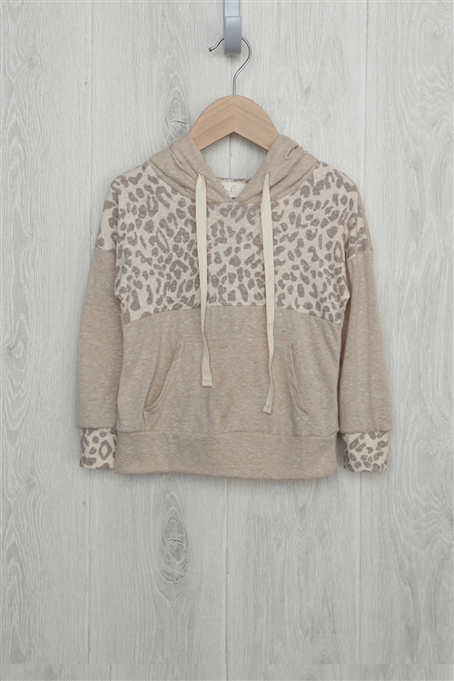 S15-12-4-RFKT2013-RAP099C-TP - TODDLER GIRLS ANIMAL PRINT CONTRAST HOODIE WITH SELF TIE- TAUPE/OATMEAL-SIENNA 2-2-2-2