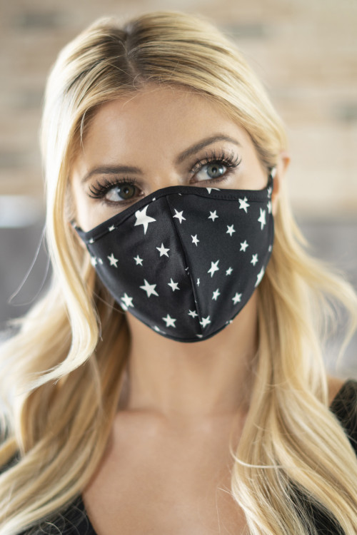 S6-5-1-RFM6001-RPR028-BK BLACK STAR PRINTED REUSABLE FACE MASKS FOR ADULTS/12PCS