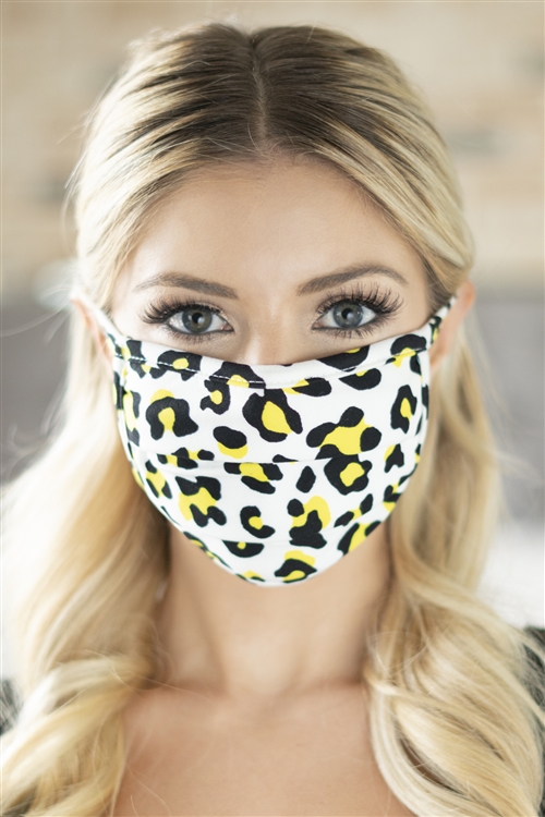 S5-8-1-RFM6006-RAP021-YW - LEOPARD SKIN PRINT REUSABLE PLEATED FACE MASKS FOR ADULTS - YELLOW /12PCS